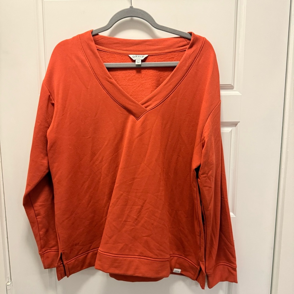 Orvis Fleece-Lined Pullover Burnt Orange V-Neck Sweatshirt | Women’s Large